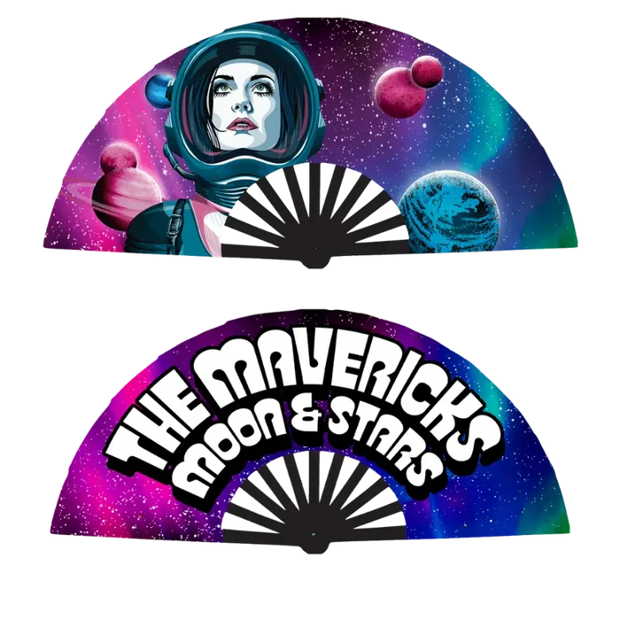 Decorative folding fans with space-themed artwork and text.