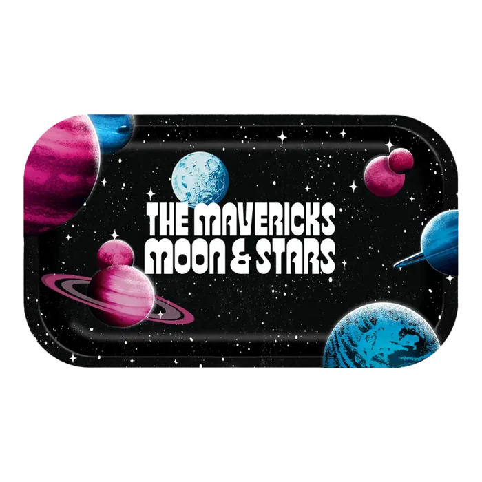 Colorful space-themed graphic design featuring planets and text ’THE MAVERICKS MOON & STARS’.