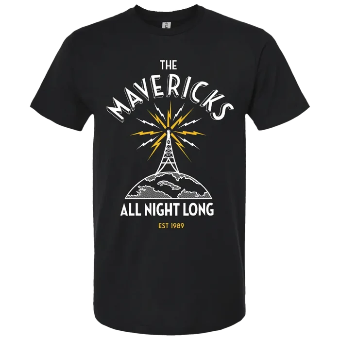 Black t-shirt with ’The Mavericks All Night Long’ design featuring a radio tower graphic.
