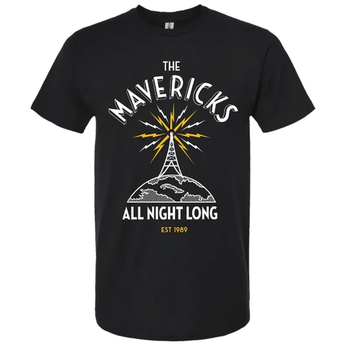Black t-shirt with ’The Mavericks All Night Long’ design featuring a radio tower graphic.